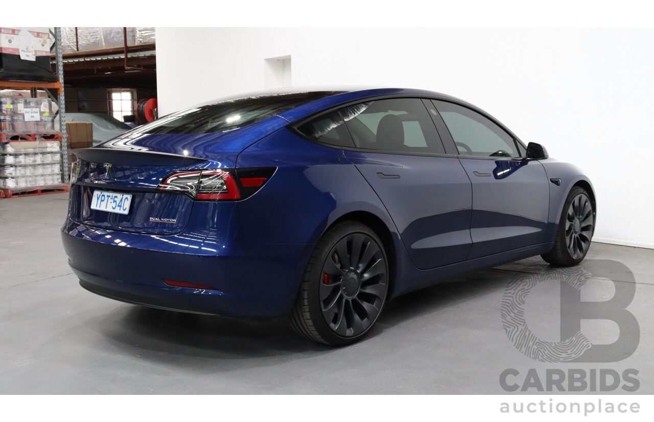 11/2021 Tesla Model 3 E3DB Performance Dual Motor Blue 4 door Sedan - Dedicated Electric