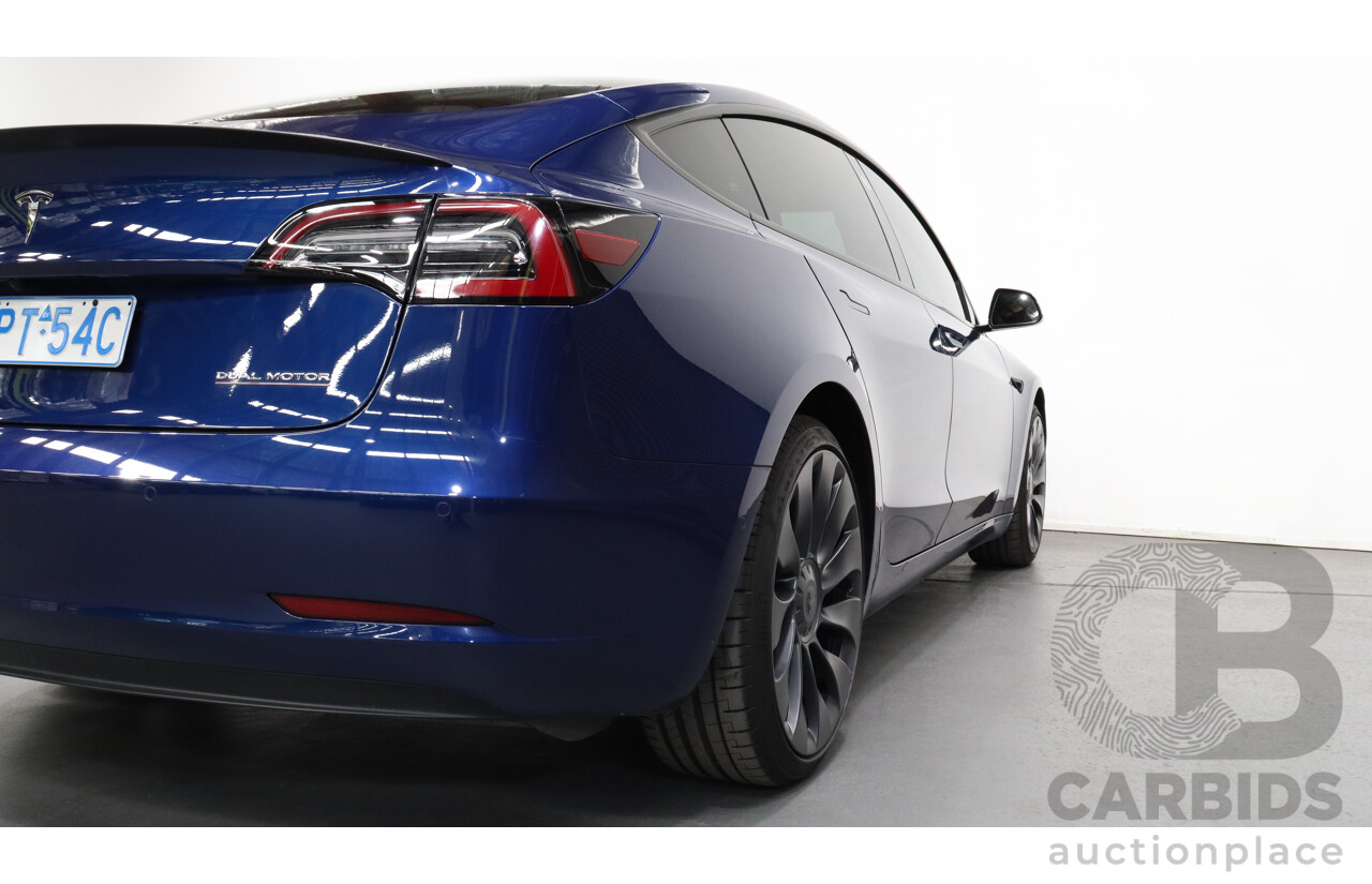 11/2021 Tesla Model 3 E3DB Performance Dual Motor Blue 4 door Sedan - Dedicated Electric