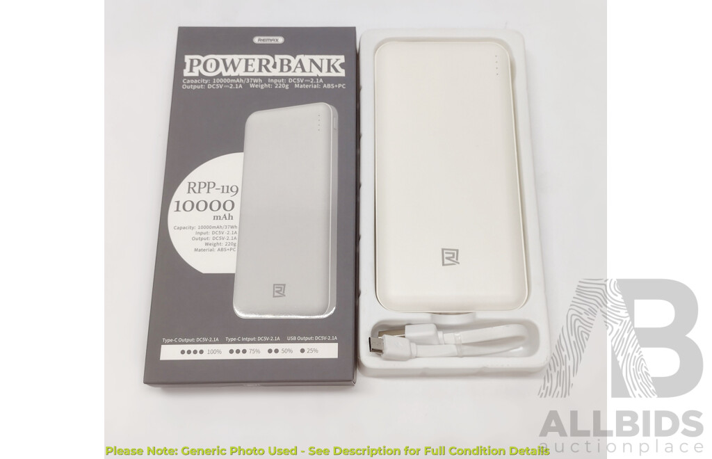 REMAX (RPP-119) 10,000mAh Powerbank (White) - Brand New - ORP $62.00 - Lot of Four