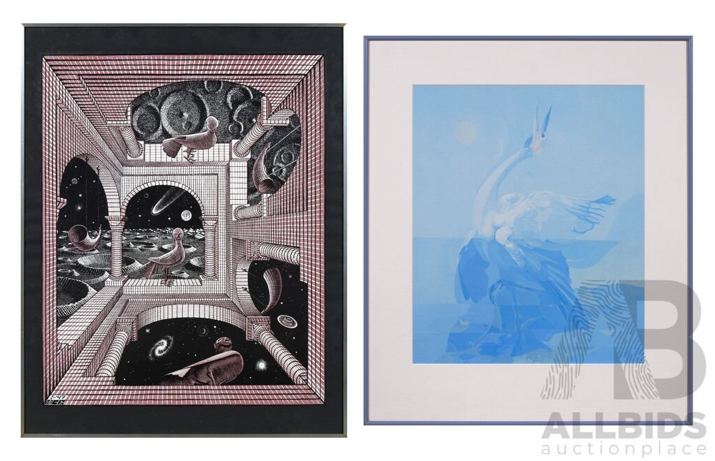 M.C Escher 'Another World' Framed Print, 61 x 49 cm (frame) together with another framed unsigned print (2)