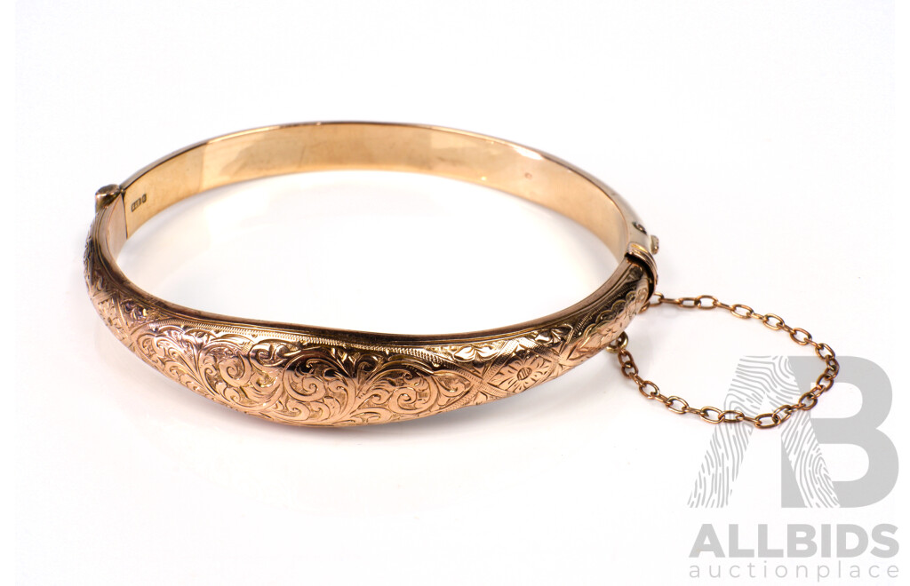 Antique 9ct Rose Gold Hollow Bangle with Hand Engraved Finish, 8.7g