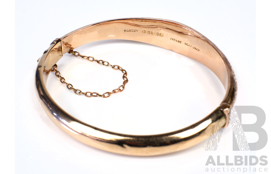 Antique 9ct Rose Gold Hollow Bangle with Hand Engraved Finish, 8.7g