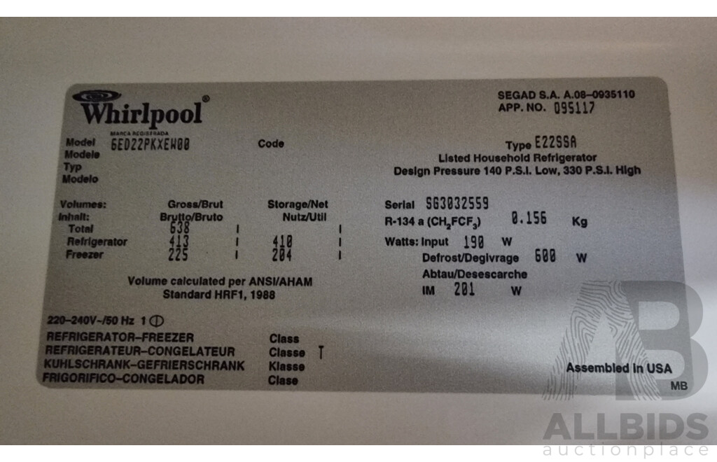 Whirlpool 6ED22PKXEW00 Upright Two-Door 638 Litre Rerigerator and Freezer