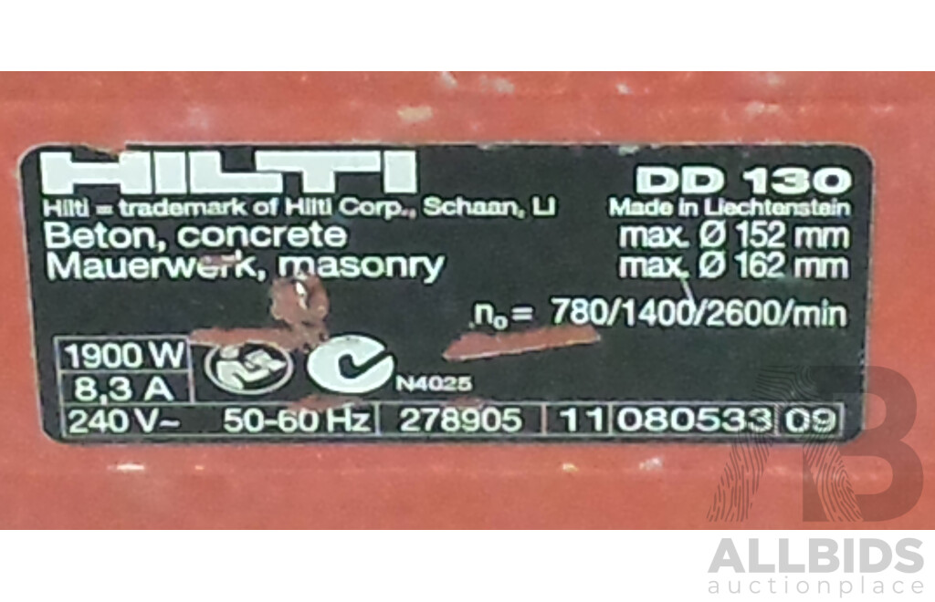 Hilti DD 130 Wet and Dry Core Drill With Hilti Accessories and Core Drills