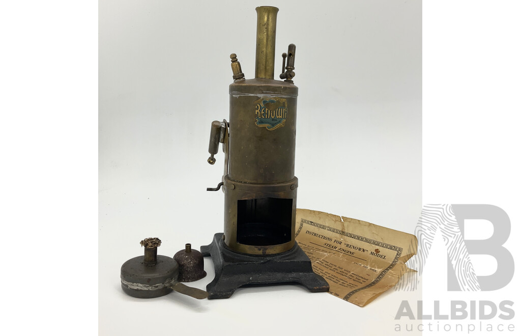 Vintage Renown Brass and Cast Iron Base  Steam Engine Vertical Boiler, Made in Sydney With Burner Tray and Instructions