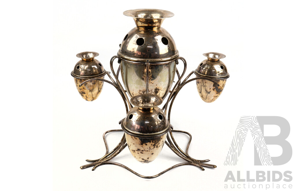 Unusual Silver Plate Epergne Vase with Four Egg Form Flower Holders