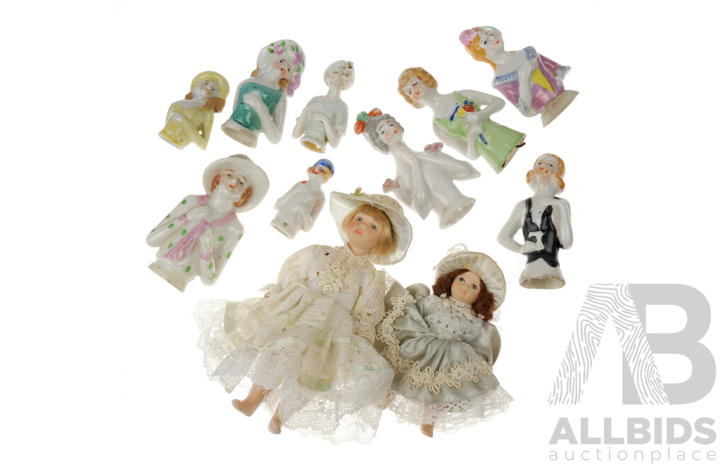 Collection Nine Antique Porcelain Half Dolls Along with Two Small Antique Porcelain Dolls