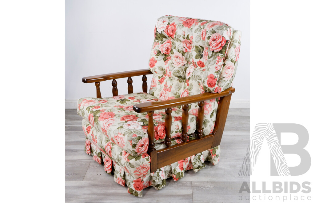 Vintage Lounge Chair With Floral Fabric Upholstery and Solid Ash Arm Rests