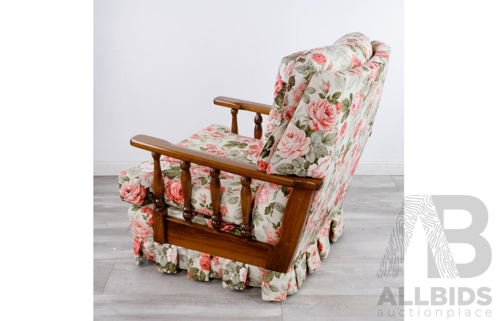 Vintage Lounge Chair With Floral Fabric Upholstery and Solid Ash Arm Rests