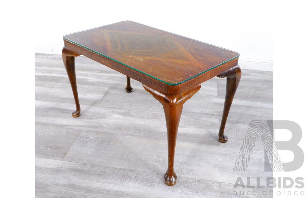 Vintage Walnut Veneer Glass Top Coffee Table With Cabriole Legs