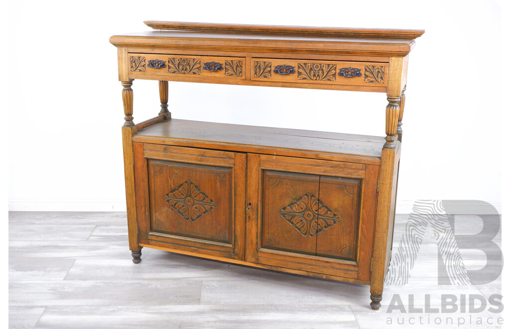 Vintage Solid Oak Sideboard With Brass Drawer Handles and Decorative Floral Carved Panels