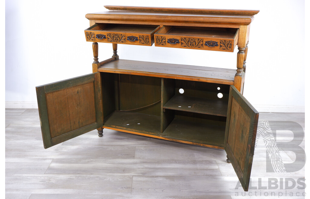 Vintage Solid Oak Sideboard With Brass Drawer Handles and Decorative Floral Carved Panels