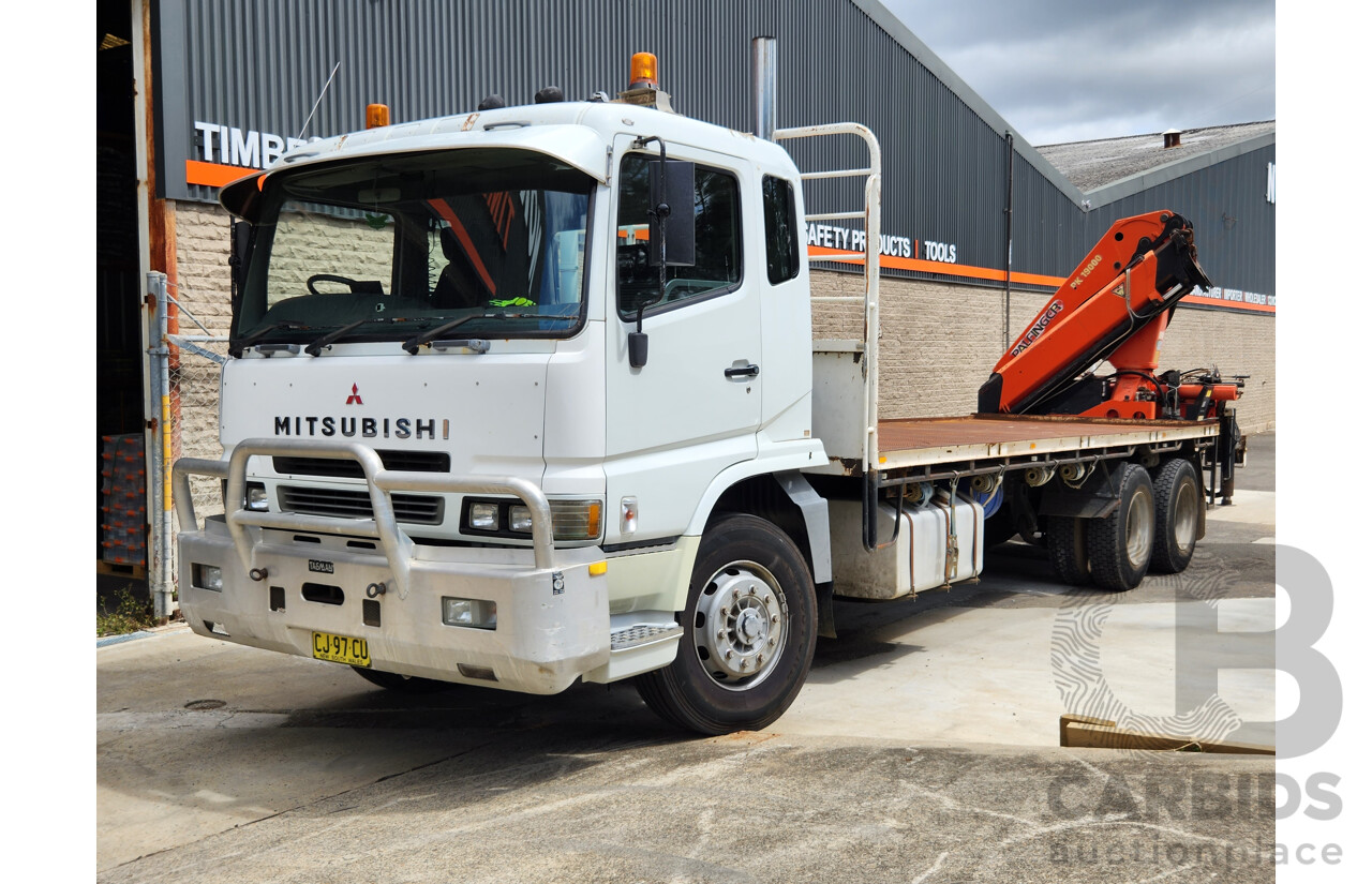 12/1999 Mitsubishi FV500 FV547TW 6x4 2d Flatbed Crane Truck with Palfinger PK19000 Hiab White 12.0L Turbo Diesel