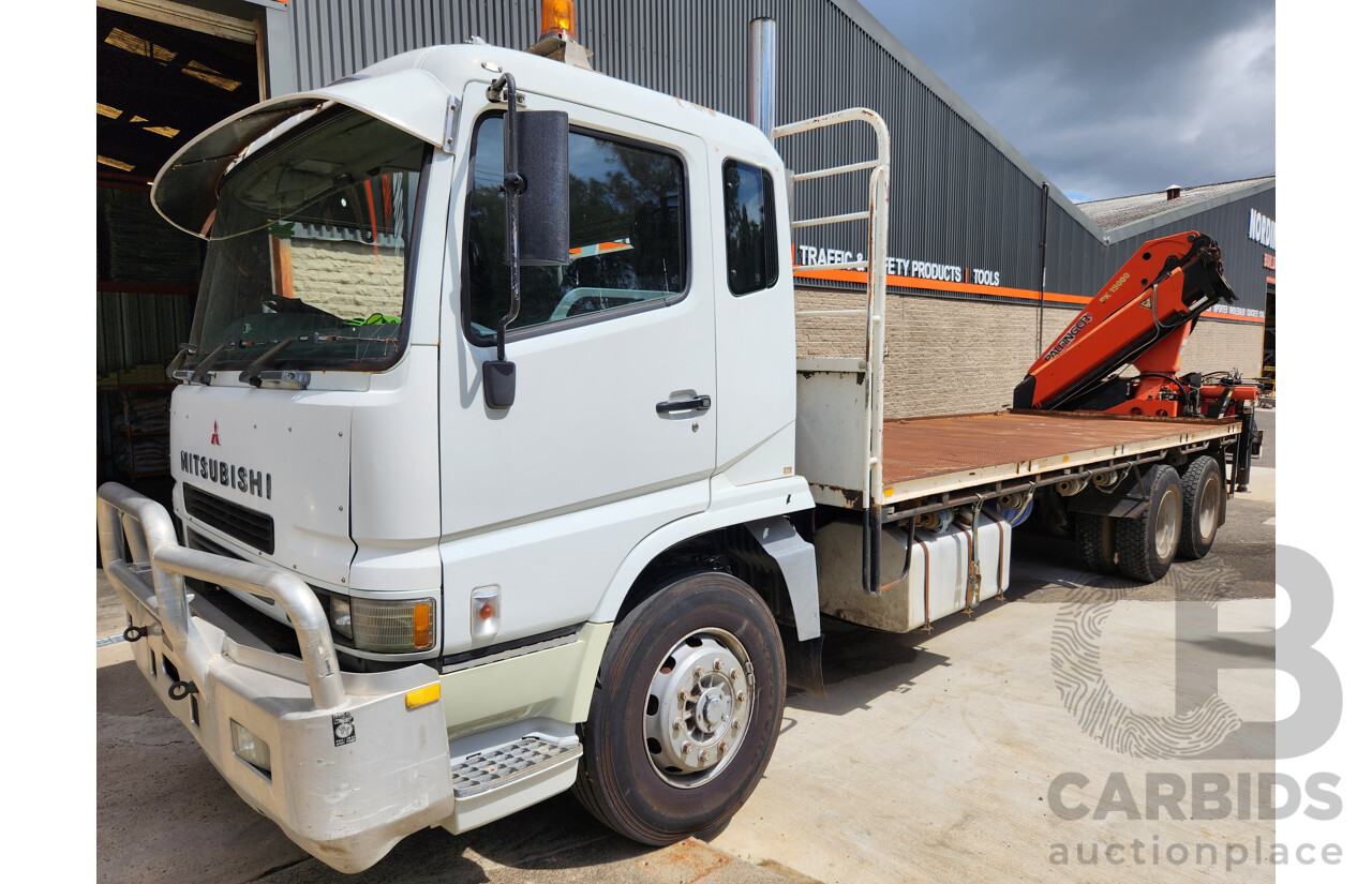 12/1999 Mitsubishi FV500 FV547TW 6x4 2d Flatbed Crane Truck with Palfinger PK19000 Hiab White 12.0L Turbo Diesel