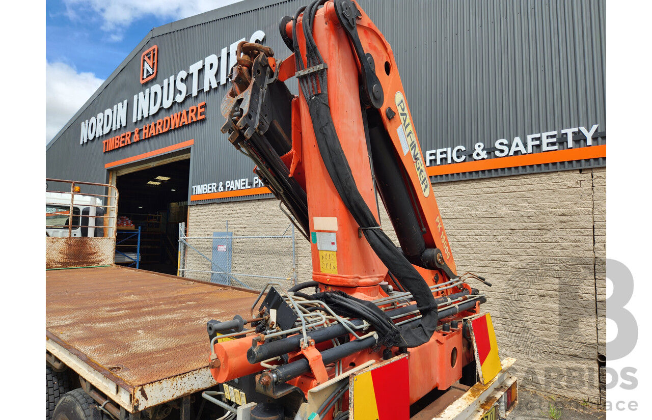 12/1999 Mitsubishi FV500 FV547TW 6x4 2d Flatbed Crane Truck with Palfinger PK19000 Hiab White 12.0L Turbo Diesel