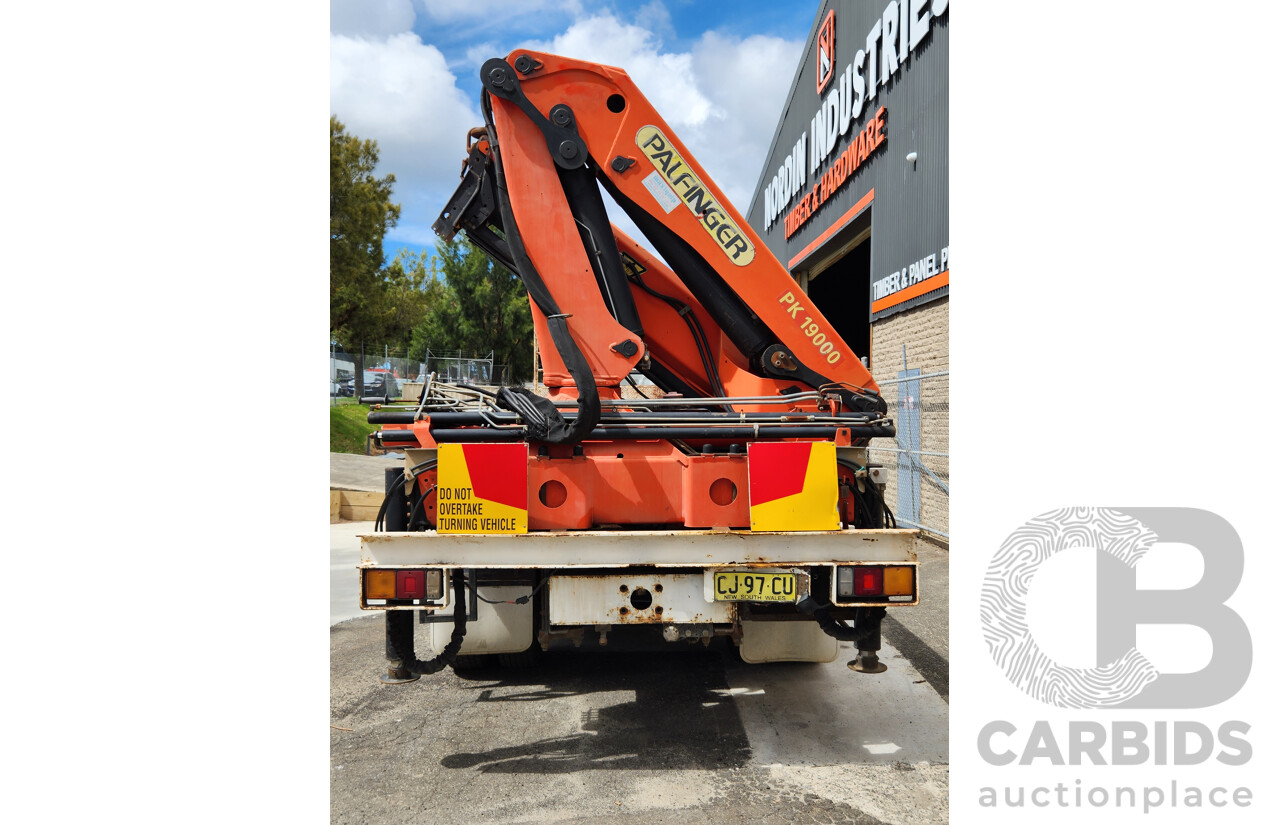 12/1999 Mitsubishi FV500 FV547TW 6x4 2d Flatbed Crane Truck with Palfinger PK19000 Hiab White 12.0L Turbo Diesel