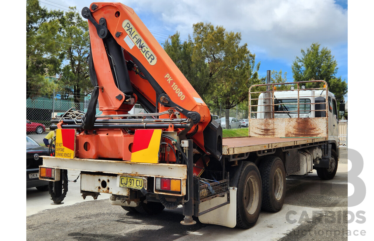 12/1999 Mitsubishi FV500 FV547TW 6x4 2d Flatbed Crane Truck with Palfinger PK19000 Hiab White 12.0L Turbo Diesel