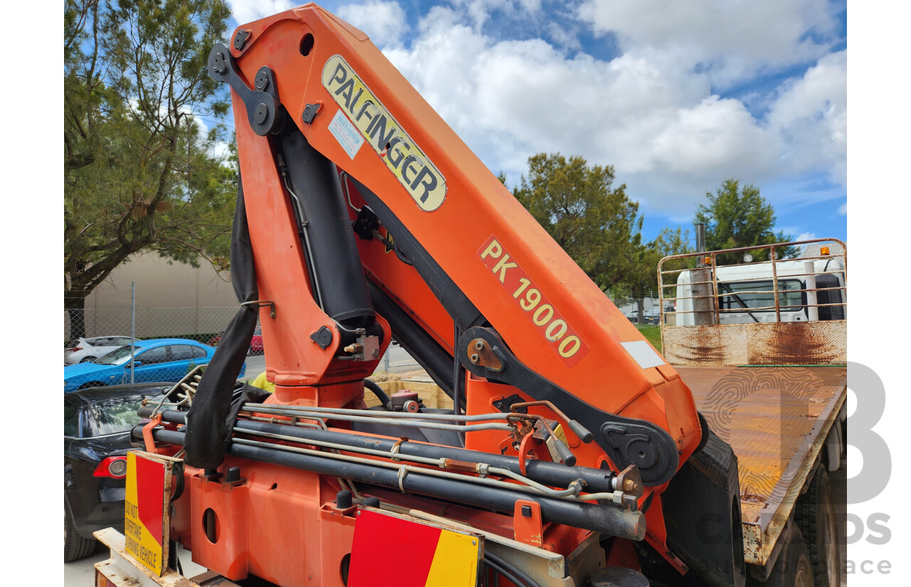 12/1999 Mitsubishi FV500 FV547TW 6x4 2d Flatbed Crane Truck with Palfinger PK19000 Hiab White 12.0L Turbo Diesel