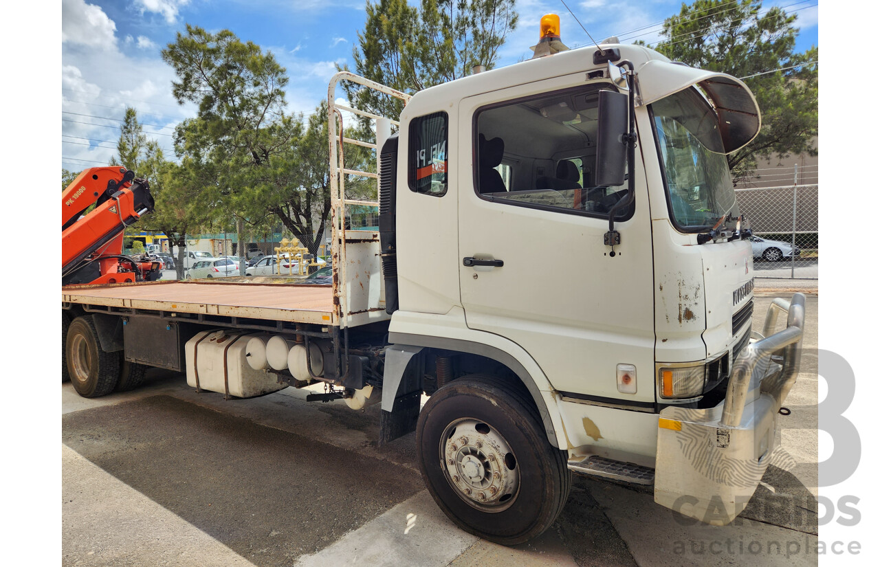 12/1999 Mitsubishi FV500 FV547TW 6x4 2d Flatbed Crane Truck with Palfinger PK19000 Hiab White 12.0L Turbo Diesel