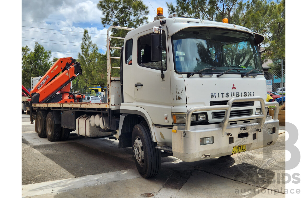 12/1999 Mitsubishi FV500 FV547TW 6x4 2d Flatbed Crane Truck with Palfinger PK19000 Hiab White 12.0L Turbo Diesel