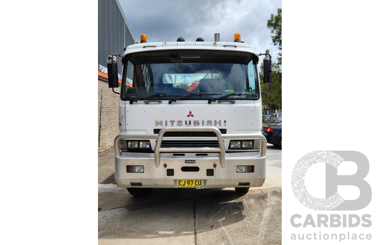 12/1999 Mitsubishi FV500 FV547TW 6x4 2d Flatbed Crane Truck with Palfinger PK19000 Hiab White 12.0L Turbo Diesel