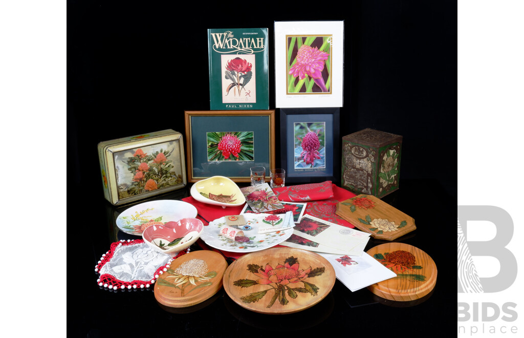 Large Collection Antique and Vintage Items with Warratah Flower Motif Including Griffiths Tea Tin, Two Studio Anna Dishes, Prints and More