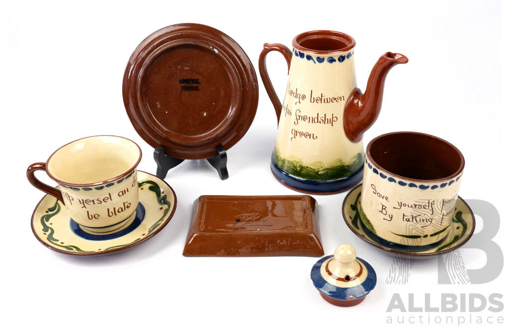Seven Pieces Antique Hand Painted Torquay Ware Including Lidded Coffee Pot with Ashtray, All in Cockerel Motif