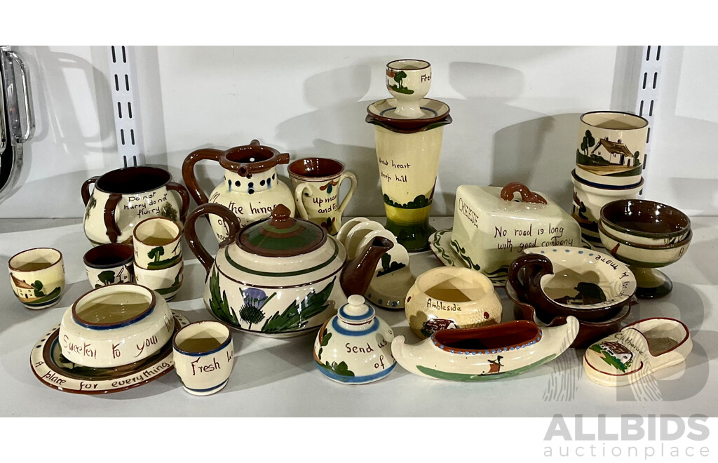 Large Collection Antique Torquay Watcombe Motto Wear Including Teapot, Vases, Butter Dish and More