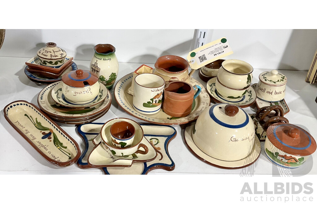 Large Collection Antique Torquay Watcombe Motto Wear Including Vases, Cheese Dome and More