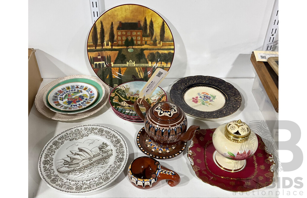 Collection Vintage Items Including Hand Painted Caugley Porcelain Pot Pouri, Set Four Wall Display Plates and More