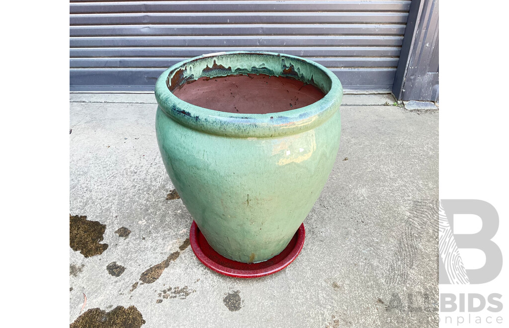 Large Glazed Terracotta Garden Pot and Saucer