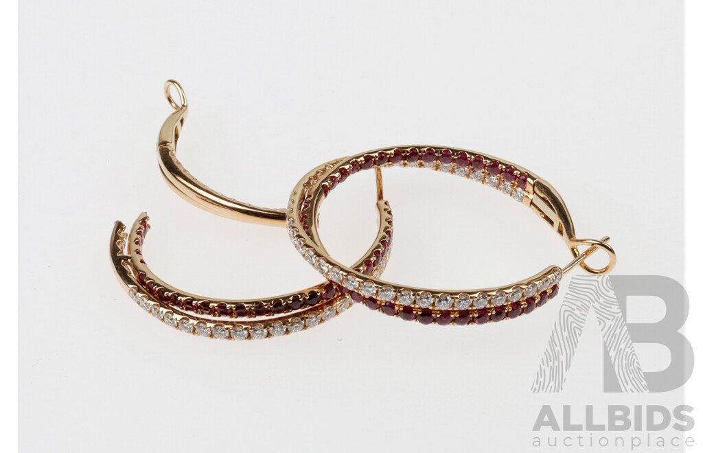 18kt Rose Gold Ruby and Diamond Hoop Earrings for Repair or Scrap 12.5 Grams, Est TDW 1.76ct