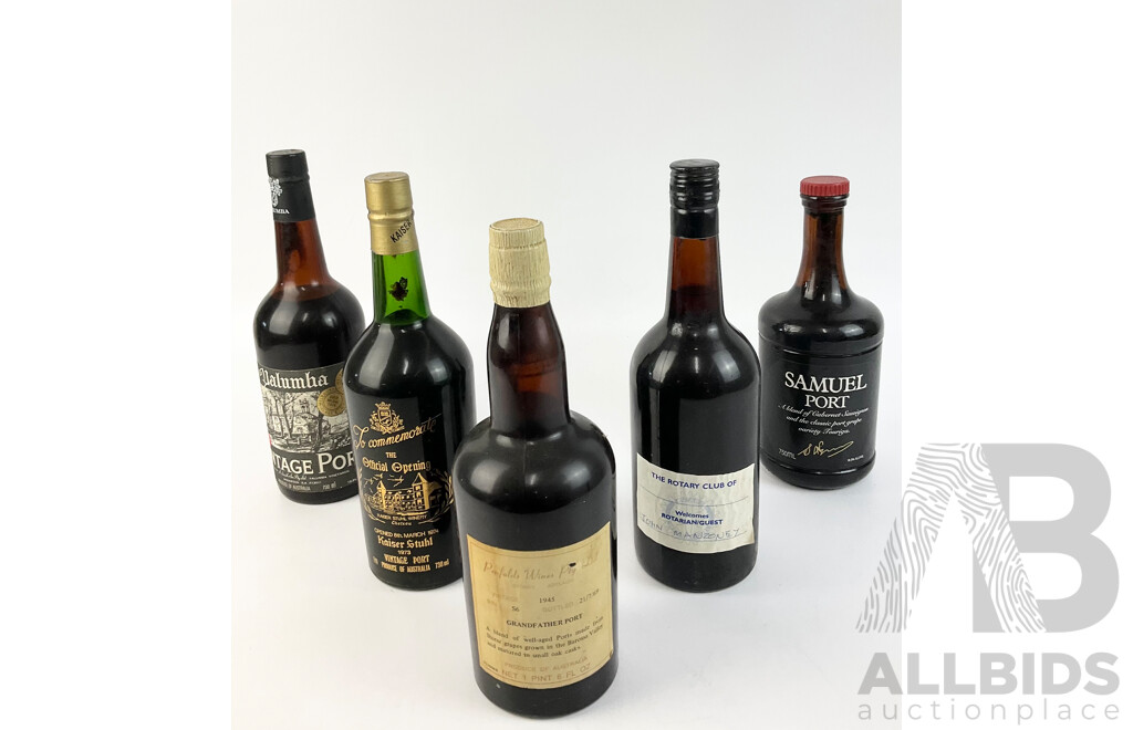 Collection Five 750ml Bottles Australian Port Including Yalumba 1974 Vintage, Kaiser Stuhl 1973 Vintage, Penfolds Wines 1945 Vintage and More