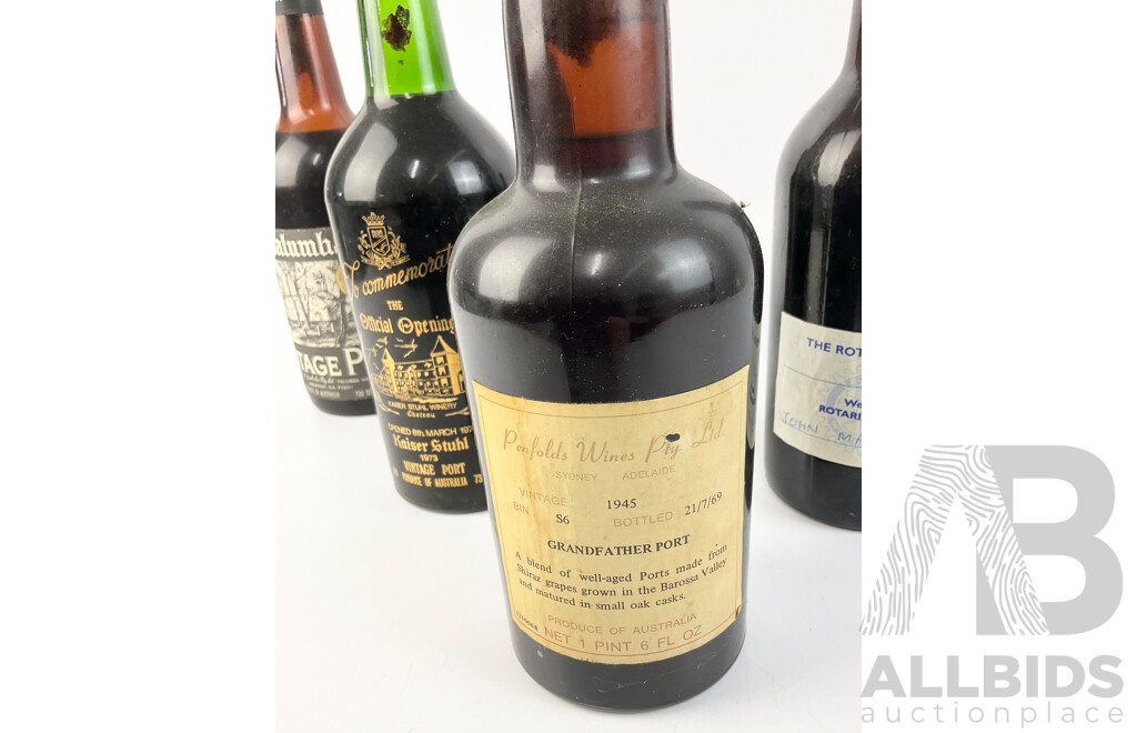 Collection Five 750ml Bottles Australian Port Including Yalumba 1974 Vintage, Kaiser Stuhl 1973 Vintage, Penfolds Wines 1945 Vintage and More