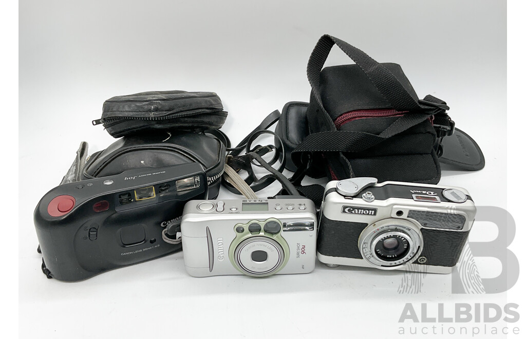 Four Compact Film Cameras, Canon Demi Meliki EL, and Canon Sure Shot Joy and 90U