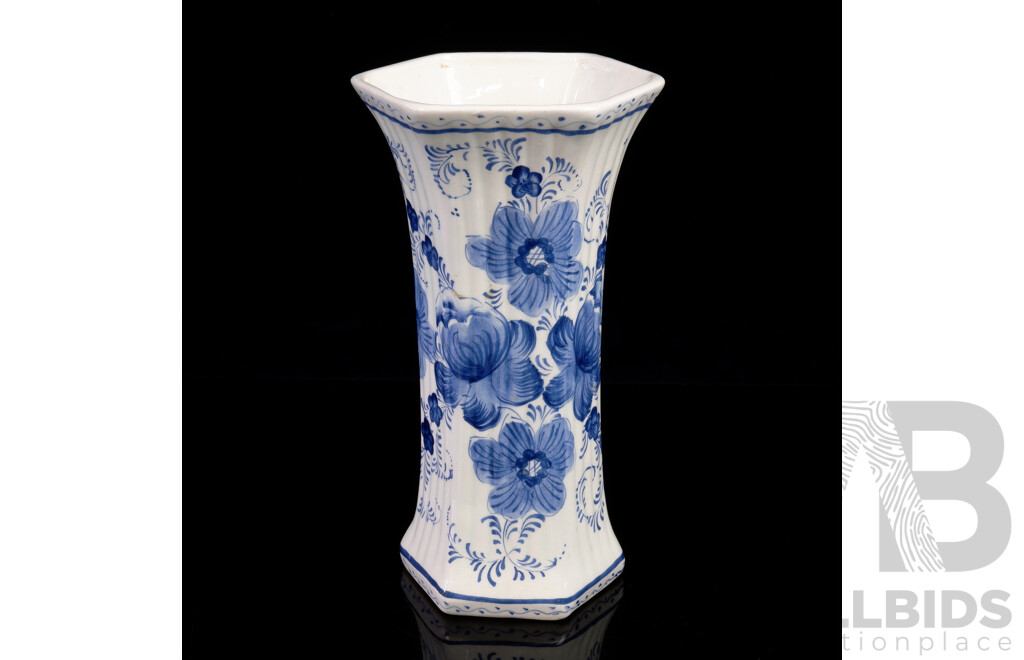 Hand Painted Delft Blue and White Porcelain Vase, Marks to Base