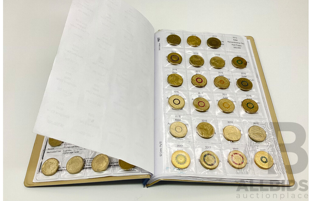 1982-2020 $2 coin album. Includes 75 coins. 2012 poppy 2020 tooth fairy missing.