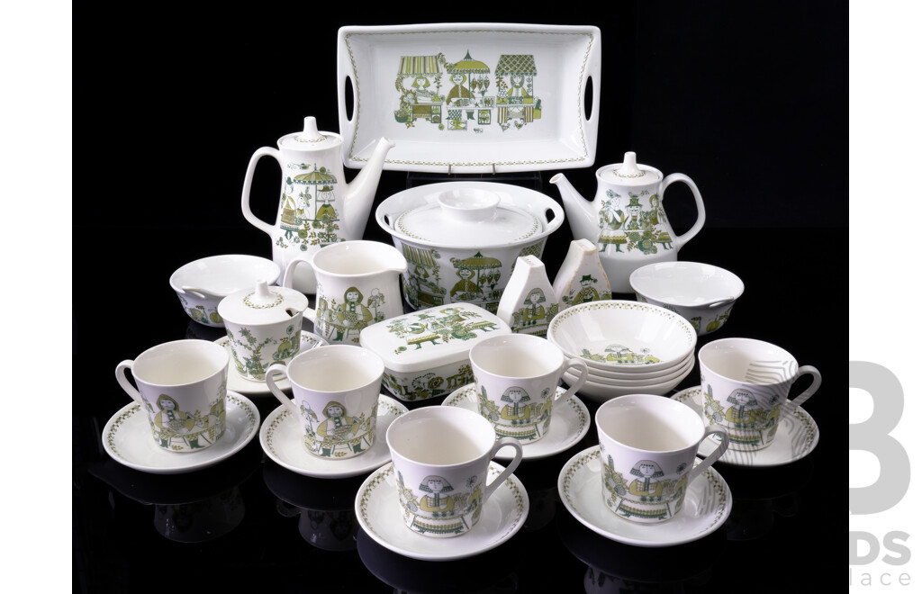 Fantastic Retro Green Turi Design 28 Piece Tea Service in Market Pattern