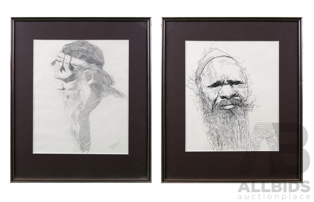 James Egan, Two Framed Portraits of Aboriginal Elders 1970, Felt tip Pen & Pencil, each 25 x 21 cm