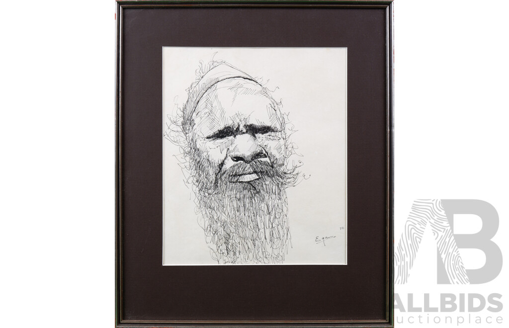 James Egan, Two Framed Portraits of Aboriginal Elders 1970, Felt tip Pen & Pencil, each 25 x 21 cm