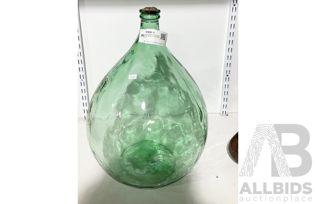 Large Vintage Green Glass Wine Bottle with Cork Stopper