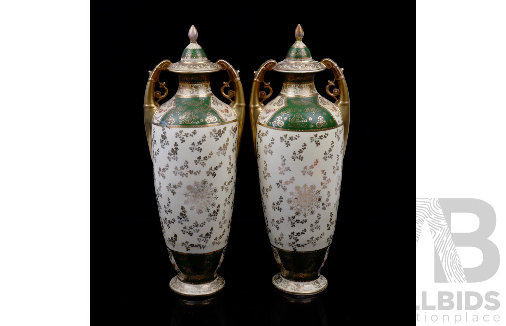 Pair Vintage Continental Twin Handled Lidded Porcelain Urns with Classical Form and Transfer Print Scenes