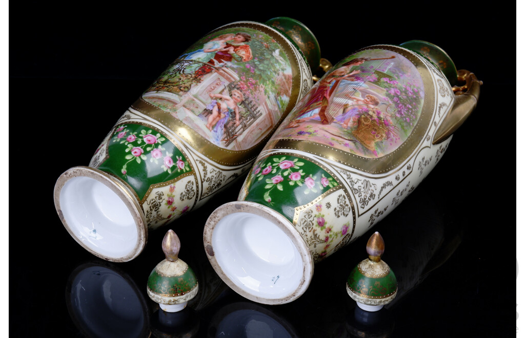 Pair Vintage Continental Twin Handled Lidded Porcelain Urns with Classical Form and Transfer Print Scenes