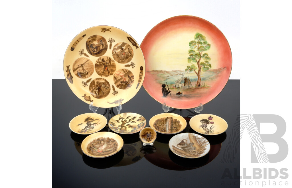 Collection of Nine Porcelain Pieces with Indigenous Themed Decoration Including Two Brownie Downing Pin Dishes
