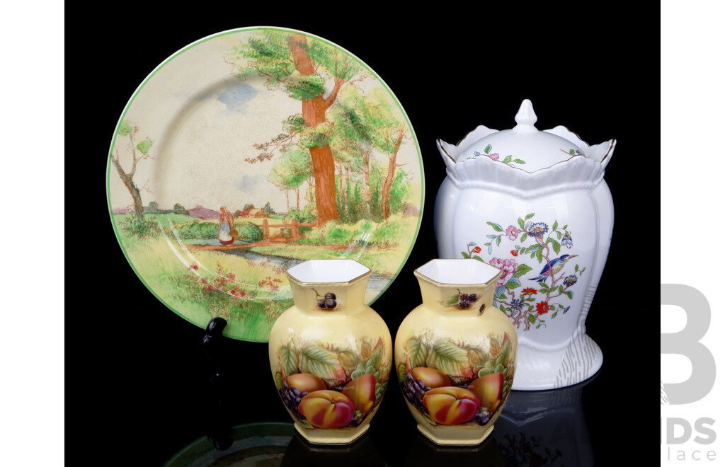 Collection Vintage Porcelain Pieces Comprising Royal Doulton Display Plate, Aynsley Lidded Urn & Pair Aynsley Vases
