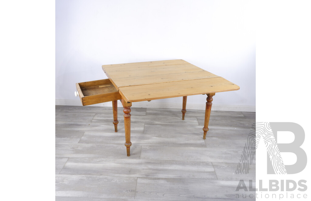 Nice Antique Blond Pine Drop Side Table with Single Drawer