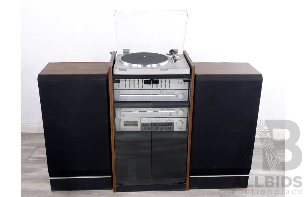 Complete 1980's Akai Stereo System Including Glass Front Cabinet and Speakers