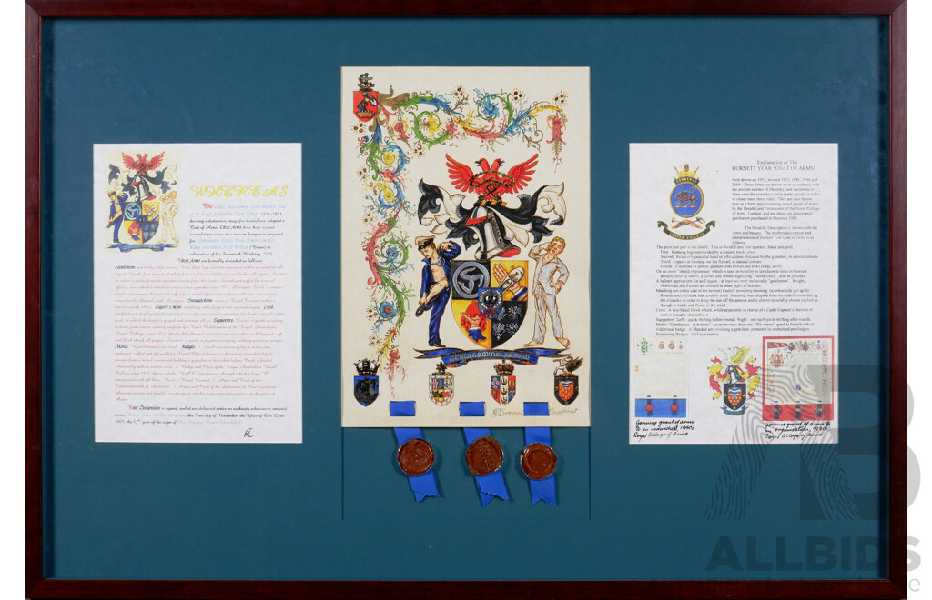 Framed Hand Drawing - Burnett Year Coat of Arms together with Wax Seals and Text