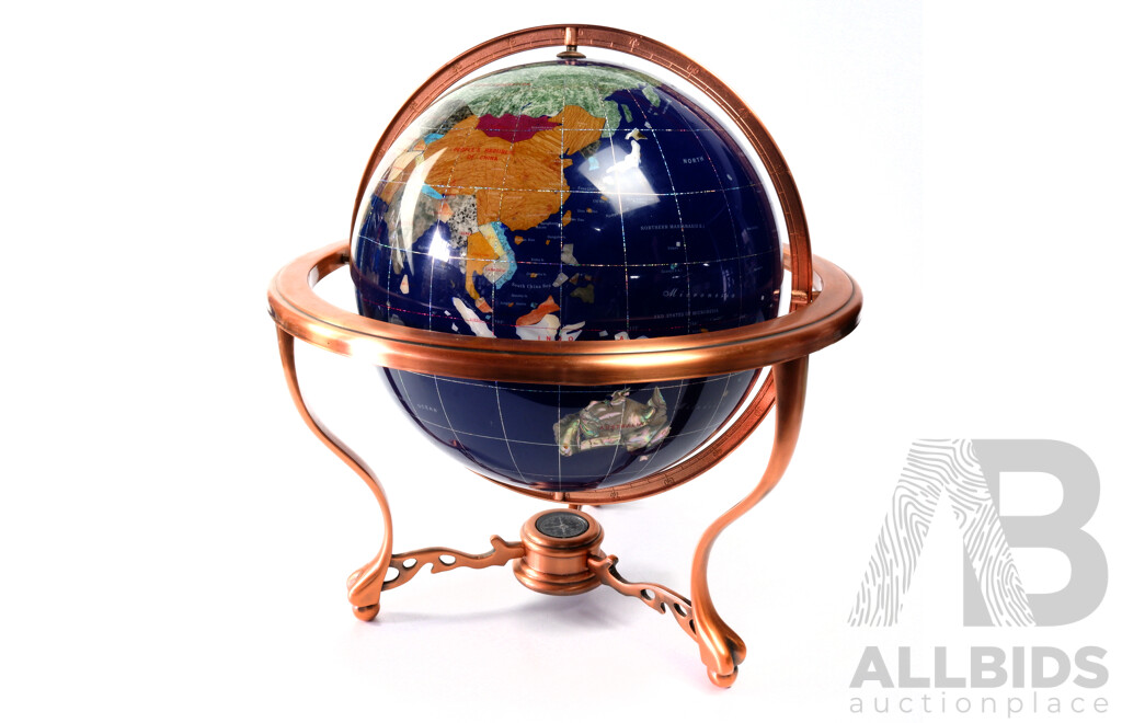 Large World Globe with Inlaid Precious and Semi Precious Stones