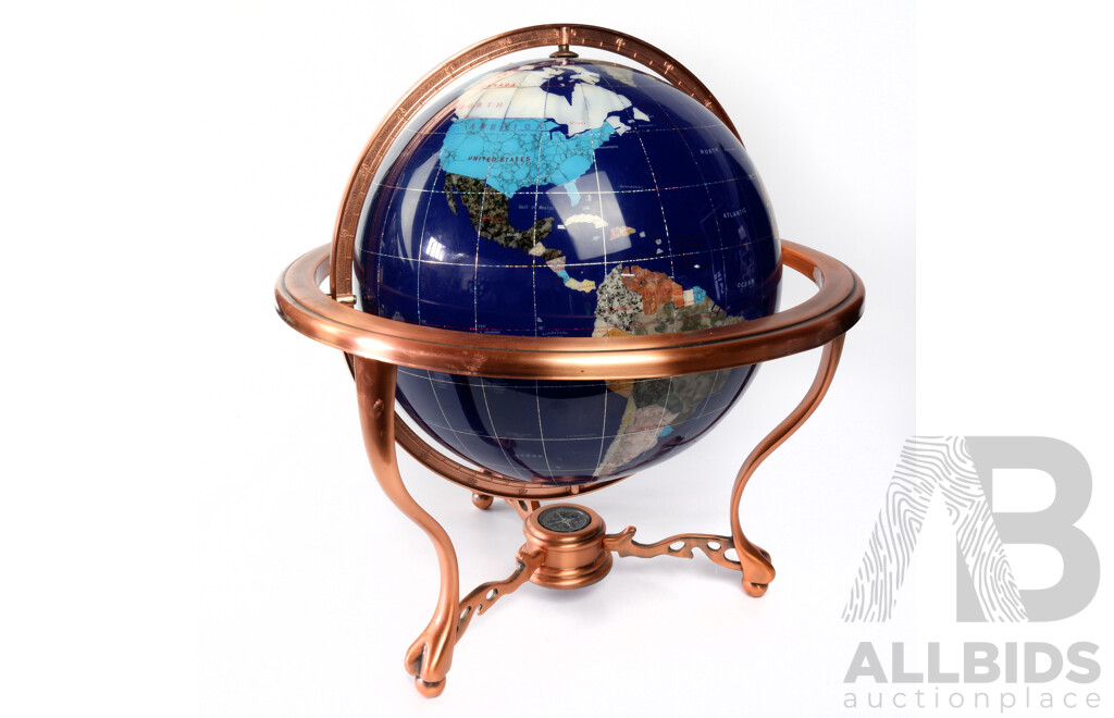 Large World Globe with Inlaid Precious and Semi Precious Stones